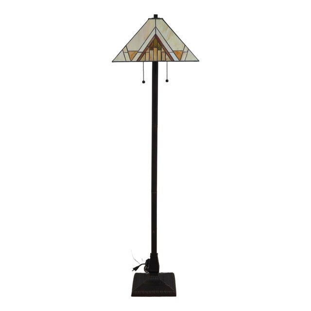 1980s Mission Arts & Crafts Style Floor Lamp W. Art Glass Shade For Sale