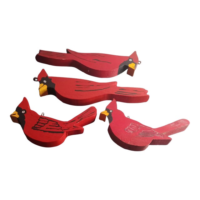 1980s Handcarved Wooden Red Cardinal Christmas Ornaments Set of 4 For Sale