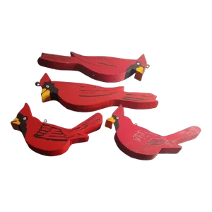 1980s Handcarved Wooden Red Cardinal Christmas Ornaments Set of 4