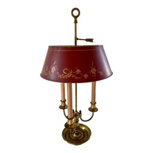 Mid-20th Century Brass Three-Arm Bouillotte Lamp With Red Tole Shade