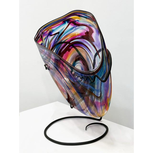 Late 20th Century Huge David Goldhagen Studio Blown Art Glass Vessel, Custom Iron Stand, American For Sale - Image 4 of 11
