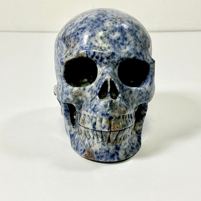 Cornflower Blue 1970s Vintage Abstract Expressionism Boho Chic Hand Carved Blue Speckled Sodalite Skull Sculpture For Sale - Image 8 of 13