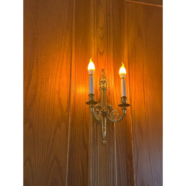 Late 20th Century Set of 11 French Brass Two-Light Wall Sconces, Neoclassical Style For Sale - Image 5 of 5