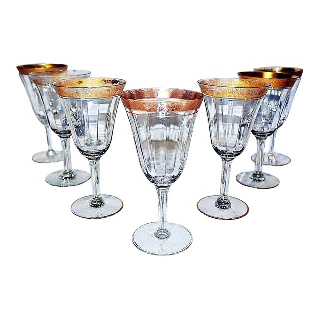 1920s Gilt-Rim Wine Stem Glasses- Set of 7 For Sale