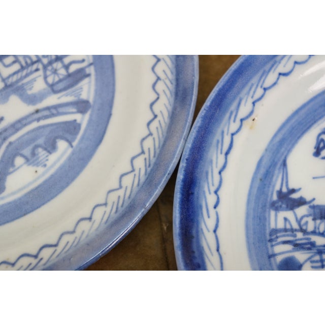 Ceramic Antique Chinese Export Canton Blue White Pagoda Landscape Bread Plates 7" - 10 pcs For Sale - Image 7 of 10