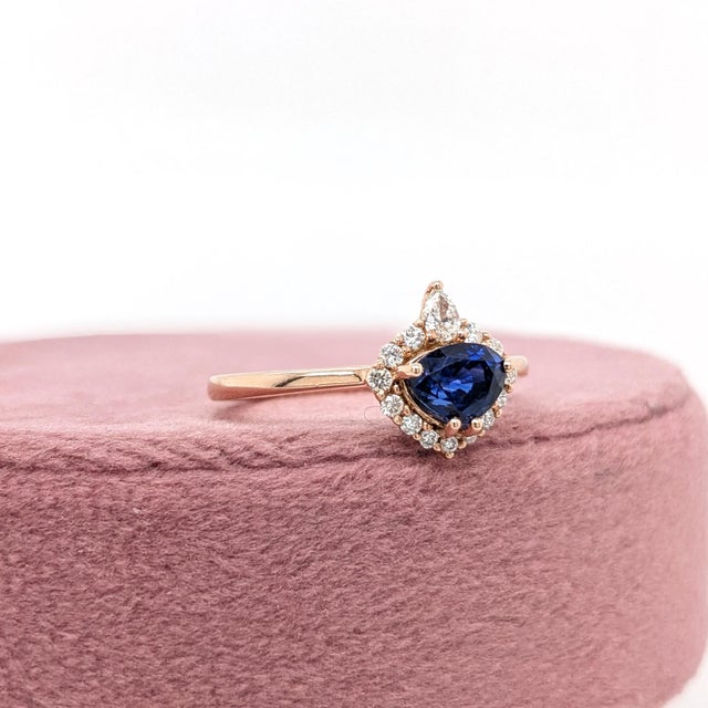 2020s Trillion 6x4.5mm Ceylon Sapphire Ring W Earth Mined Diamonds in Solid 14k Gold, Size 6.75 For Sale - Image 5 of 12