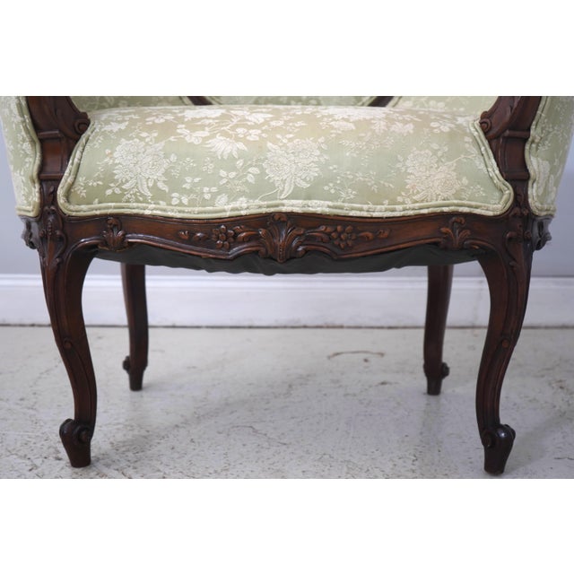 Vintage Walnut Rococo Parlor Settee W. Damask Upholstery For Sale - Image 9 of 18