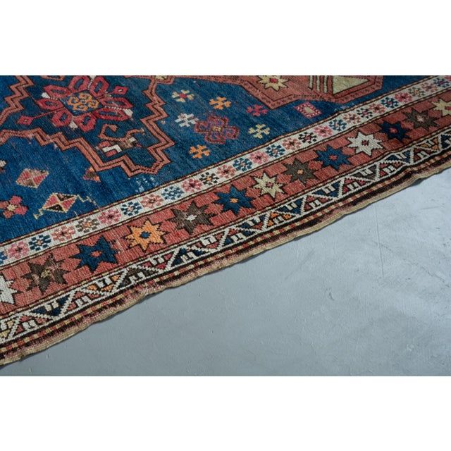 Textile Antique 1920s Armenian Medallion Geometric Floral Abrash Light Blue Orange Terracotta - 3’9” X 6'10" For Sale - Image 7 of 11