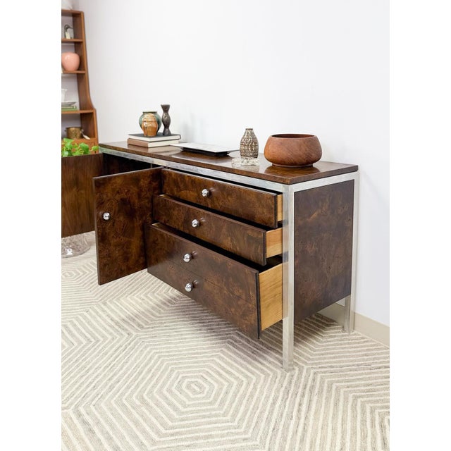 Mid 20th Century Tomlinson Burlwood Credenza Chrome Details Doors Drawers, Buffet, Console For Sale - Image 17 of 18