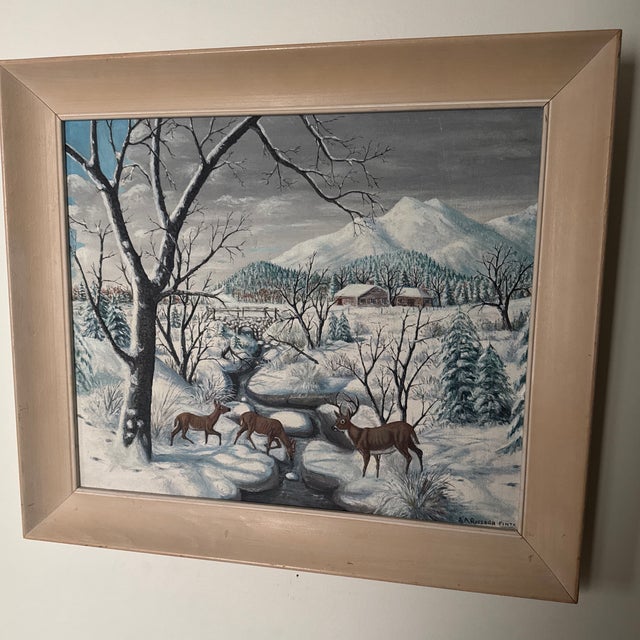 Cabin Mid 20th Century s.a. Quesada Signed Original Winter Landscape Oil Painting With Deer & Cabin For Sale - Image 3 of 5