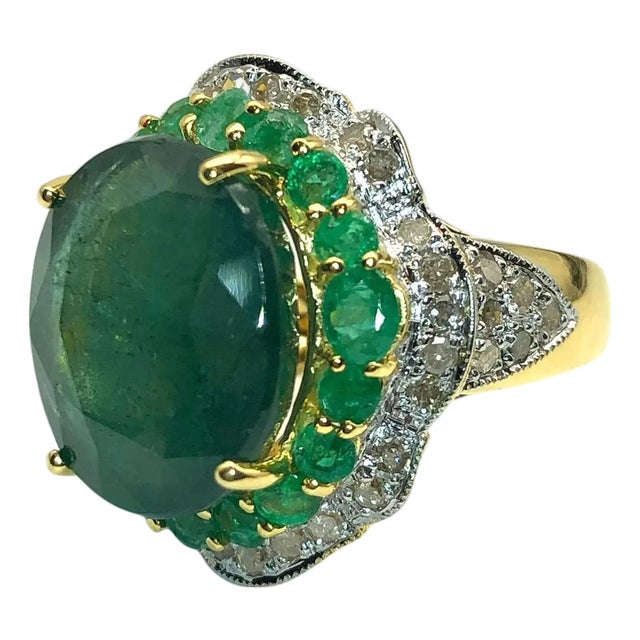 Bochic “Capri” Vintage Natural Diamond & Emerald Ring Set in 18K Gold & Silver For Sale