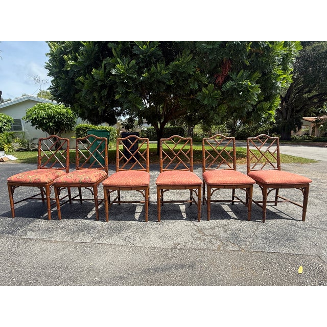 Vintage 6 Chinese Chippendale Faux Bamboo Wooden Dining Chairs with older fabric which shpould be replaced sold as found...