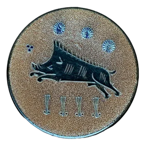 Vintage German Pottery Wall Plate with Boar Hunting Motif by Wim Mühlendyck for Töpferhof Mühlendyck, 1986