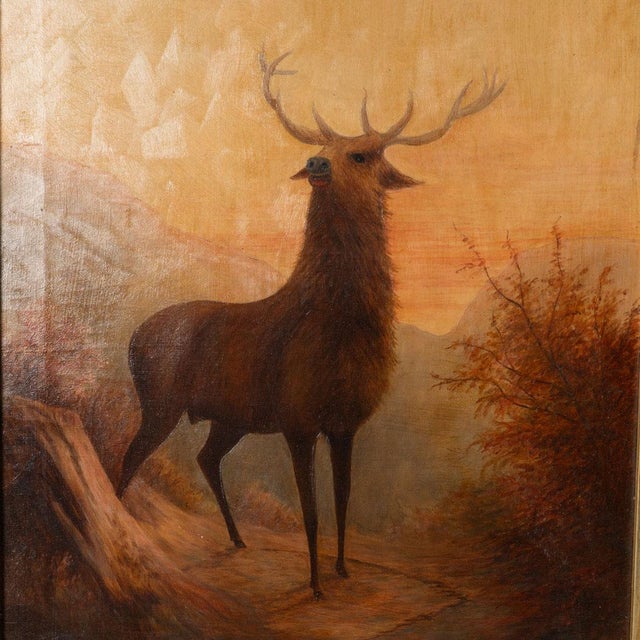 Early 20th Century Antique Oil on Canvas Painting of a Stag - Unsigned For Sale - Image 5 of 9