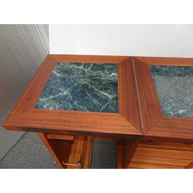 Wood Vintage Marble Chinoiserie Asian Carved Folding Bar Island ~ Side Table Castors For Sale - Image 7 of 12