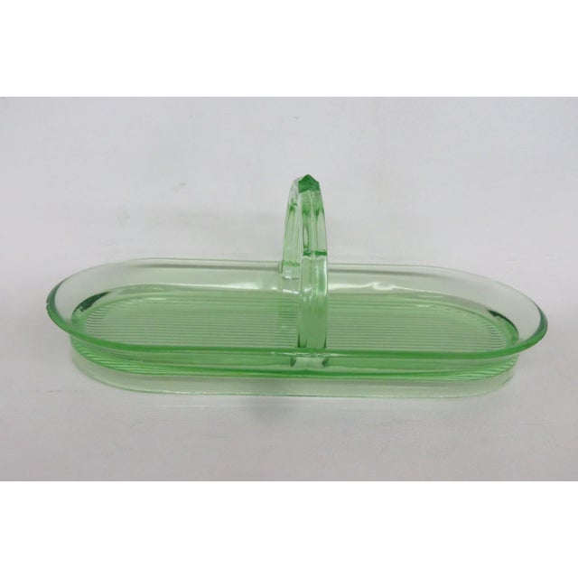 Early 20th Century Green Uranium Depression Glass Oblong Celery Tray Serving Dish With Handle For Sale - Image 11 of 16