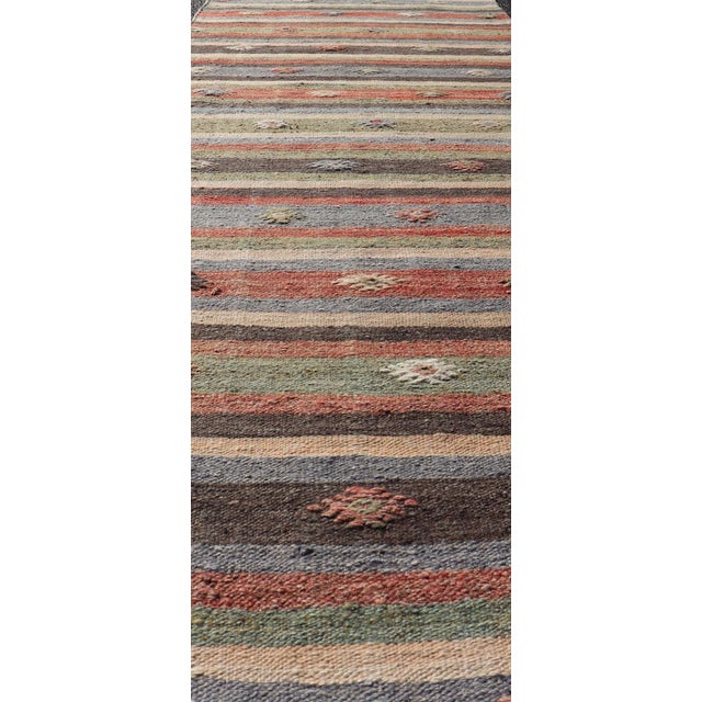 Tribal Mid 20th Century Turkish Vintage Kilim Striped Runner With Tribal Motifs in Copper and Greens For Sale - Image 3 of 12
