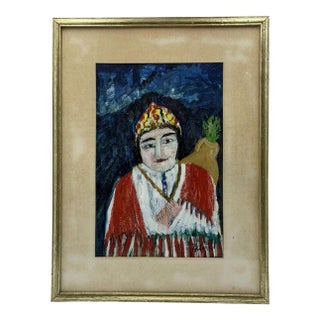 1970s Mohamed Hamri Moroccan Modernist Portrait of Woman, Oil & Gouache Painting For Sale