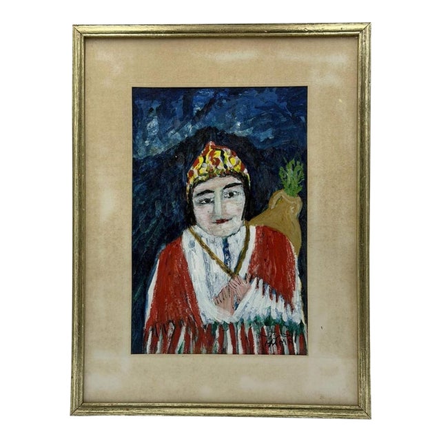 1970s Mohamed Hamri Moroccan Modernist Portrait of Woman, Oil & Gouache Painting For Sale