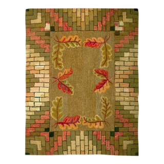 1890s Green Asparagus Foliate Antique American Hooked Rug 4' 3" X 5' 8" Handknotted Wool Carpet For Sale