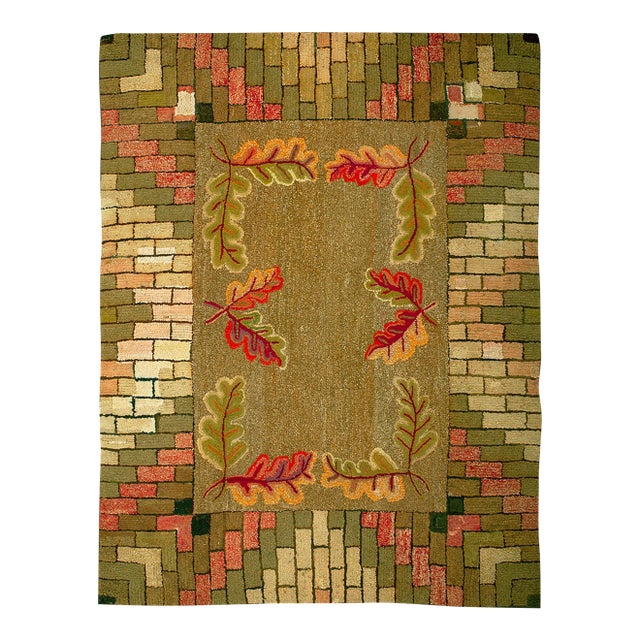 1890s Green Asparagus Foliate Antique American Hooked Rug 4' 3" X 5' 8" Handknotted Wool Carpet For Sale