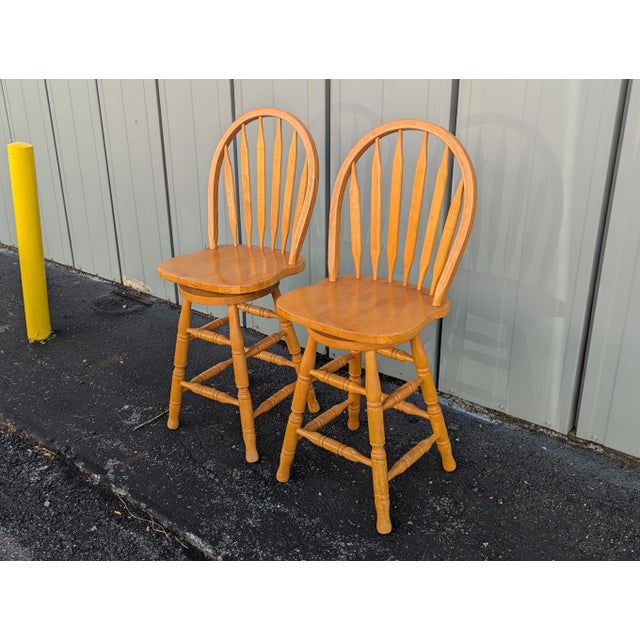 Brown Vintage Old Windsor Oak Solid Wood Wooden Kitchen Bar Counter Swivel Chair Stool For Sale - Image 8 of 9