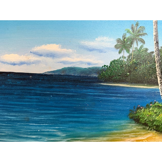 Tropical Beach Oil Painting Signed M Gordon, Palm Tree Seascape, Caribbean Coast For Sale - Image 12 of 13