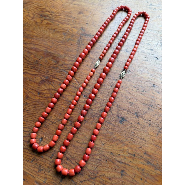 Genuine Red Coral Necklaces, Hand-Knotted Strands in Natural Coloration, a Pair For Sale - Image 15 of 15