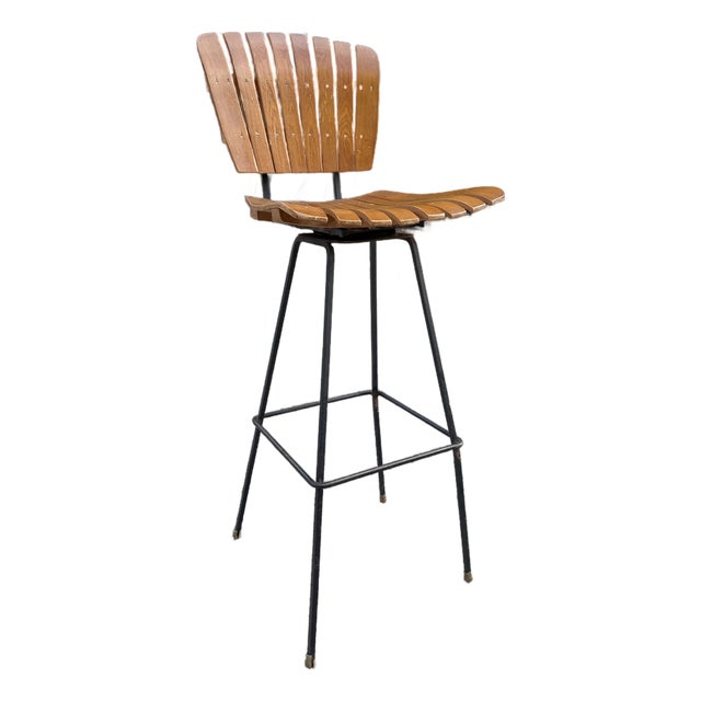 Mid Century Arthur Umanoff Wood Slatted Bar Stool For Sale
