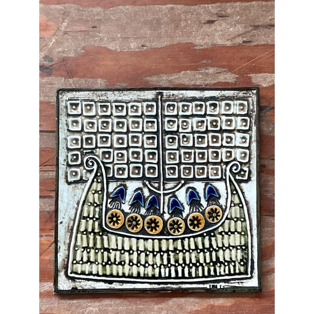 Mid 20th Century Vintage Boho Original Studio Pottery Viking Ship Tile For Sale - Image 5 of 6