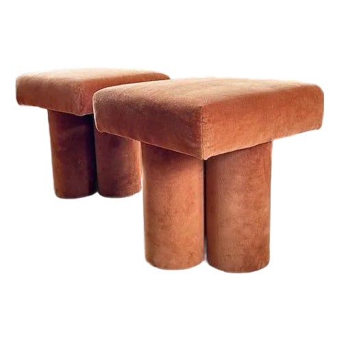 Orange Velvet Stool Pair For Sale