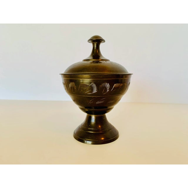 1980s 1980s Middle Eastern Brass Candle Holder, Bottle, and Lidded Dish - 3 Piece Set For Sale - Image 5 of 13