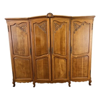 Vintage French Louis XVI Style Carved Oak 4-Door Armoire For Sale