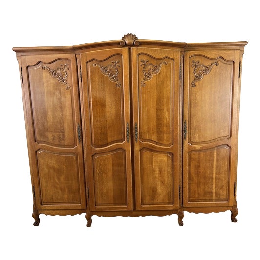 Vintage French Louis XVI Style Carved Oak 4-Door Armoire For Sale