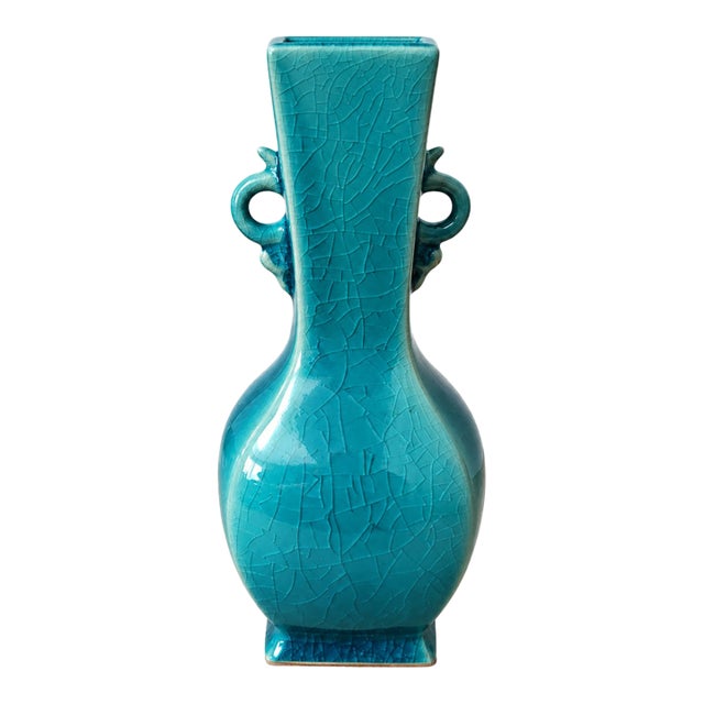Vintage Japanese Kyo Ware Crackle Glaze (Kannyu) Celadon Flower Vase by Rakuzan For Sale