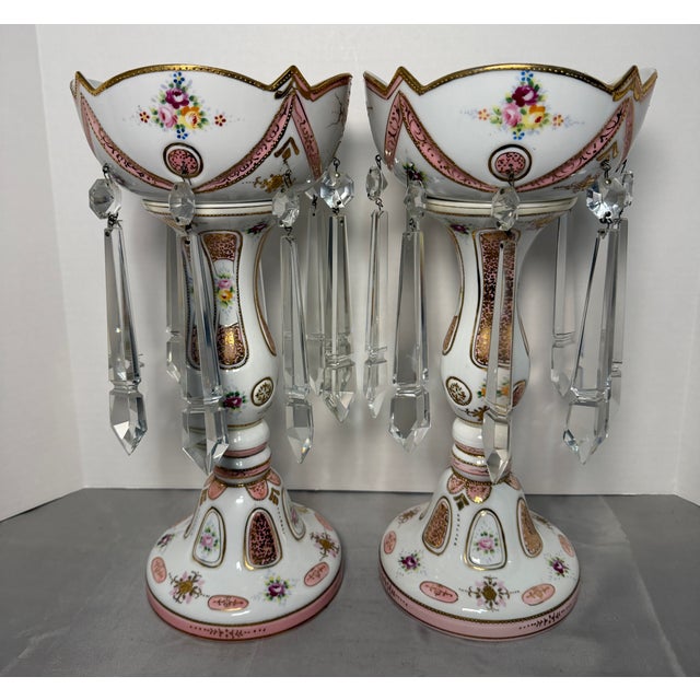 This beautiful set consists of two vintage post-WWII (1945–1952) Occupied Japan porcelain mantle lustre lamp bases....