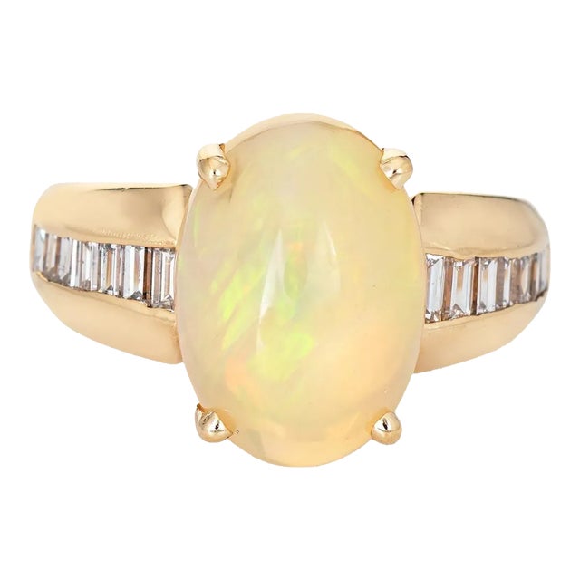 Natural Opal Diamond Ring Vintage 14k Yellow Gold Oval Fine Jewelry size 7.25 For Sale