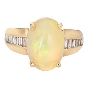 Natural Opal Diamond Ring Vintage 14k Yellow Gold Oval Fine Jewelry size 7.25