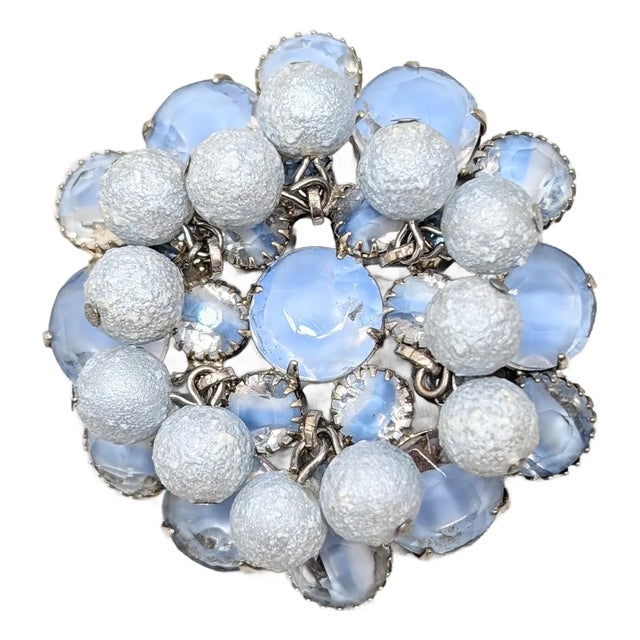 Vintage 1960s Verified Delizza & Elster Rhodium Plated Blue Givre Rhinestone & Dangles Brooch For Sale