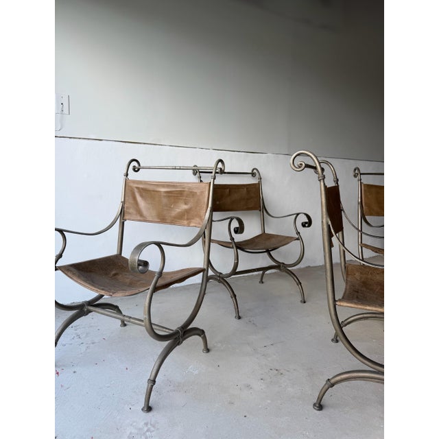 Late 20th Century Leather and Iron Scroll Dining Arm Chairs For Sale - Image 11 of 12