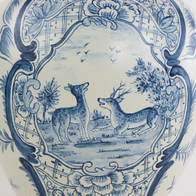 Pair of Vintage Hand Painted Blue and Cream Ceramic Table Lamps With Deer and Floral Folk Art Design For Sale - Image 9 of 14