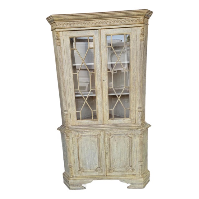 1980s Rustic Carved Wood Corner Hutch Cabinet For Sale