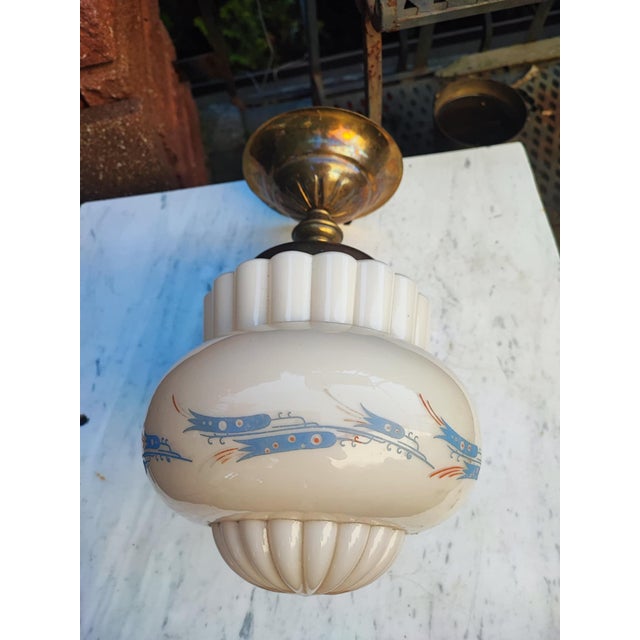 Pre-war, Art Deco brass ceiling lamp, dimensions: height 31.5 cm, lampshade diameter 20 cm. Up to 250V (Europe/UK...