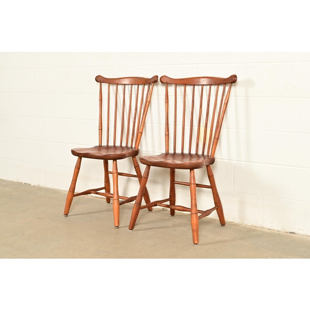 American L. & J. G. Stickley American Colonial Solid Cherry Wood Spindle Back Windsor Side Chairs or Dining Chairs, Pair For Sale - Image 3 of 16