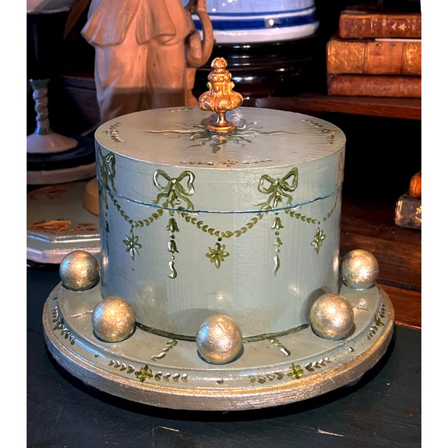 Traditional Regency Style Handpainted & Gold Gilded Decorative Green Cylindrical Box With Velvet Interior For Sale - Image 3 of 8