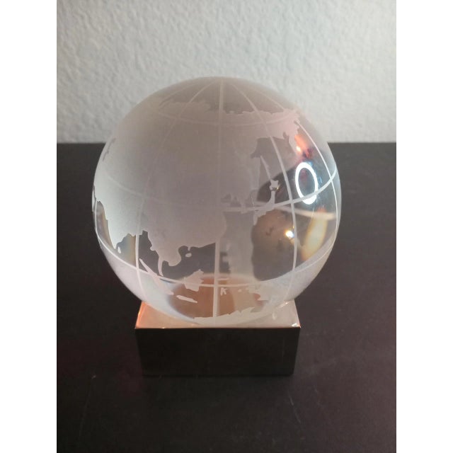 1980s Etched World Map Crystal Clear Glass Paperweight Decor on Pedestal For Sale In Dallas - Image 6 of 7