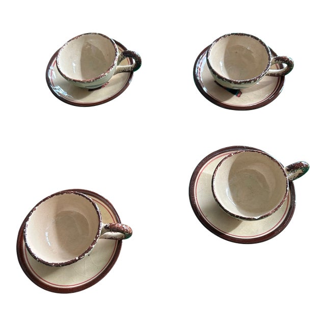 Early 20th Century Quimper Keraluc Petit Breton Hand Painted Demitasse Cups & Saucers - 8 pcs For Sale