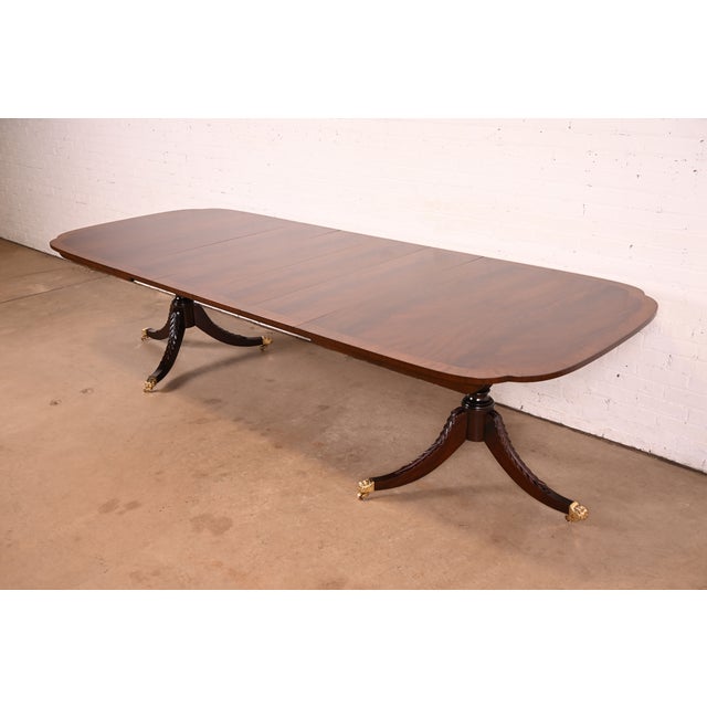 Stickley Stickley Georgian Banded Flame Mahogany Double Pedestal Extension Dining Table | Newly Refinished For Sale - Image 4 of 14