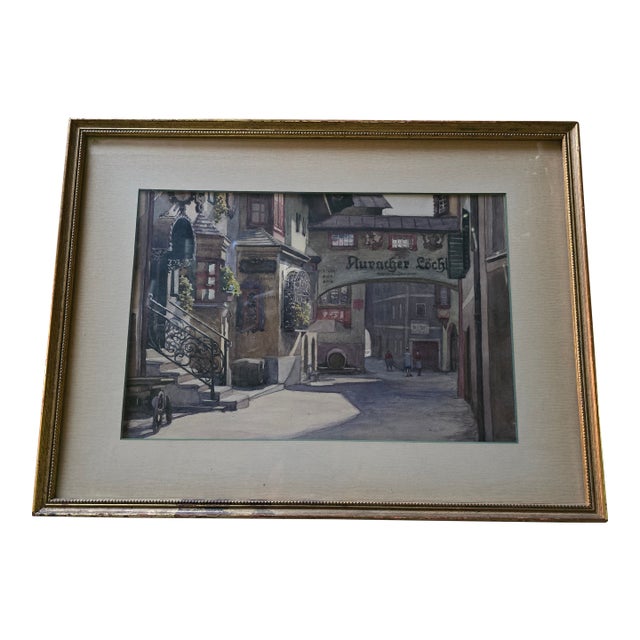 Vintage Pre Mid Century Watercolor Painting Street Scene For Sale