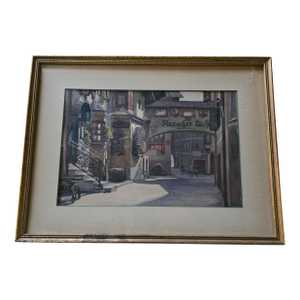 Vintage Pre Mid Century Watercolor Painting Street Scene